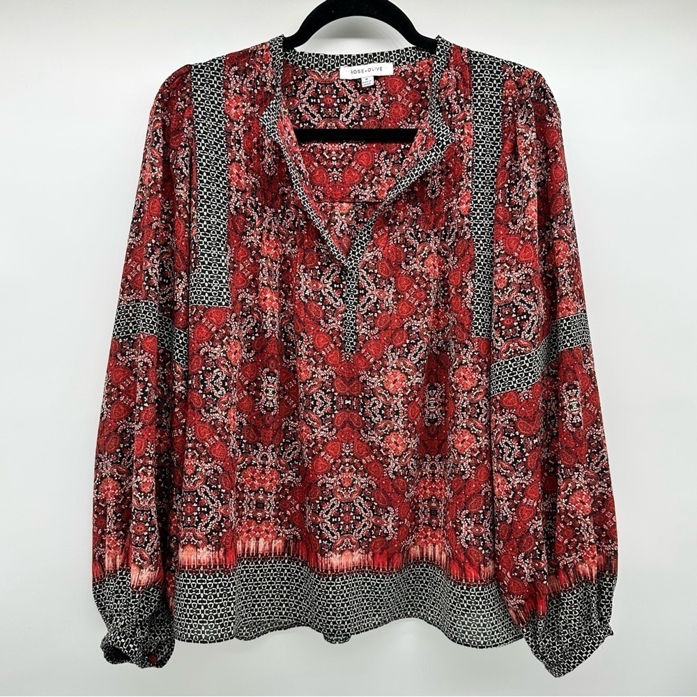 Rose + Olive Split V-Neck Pintuck Peasant Boho Balloon Sleeve Top Size Medium‎